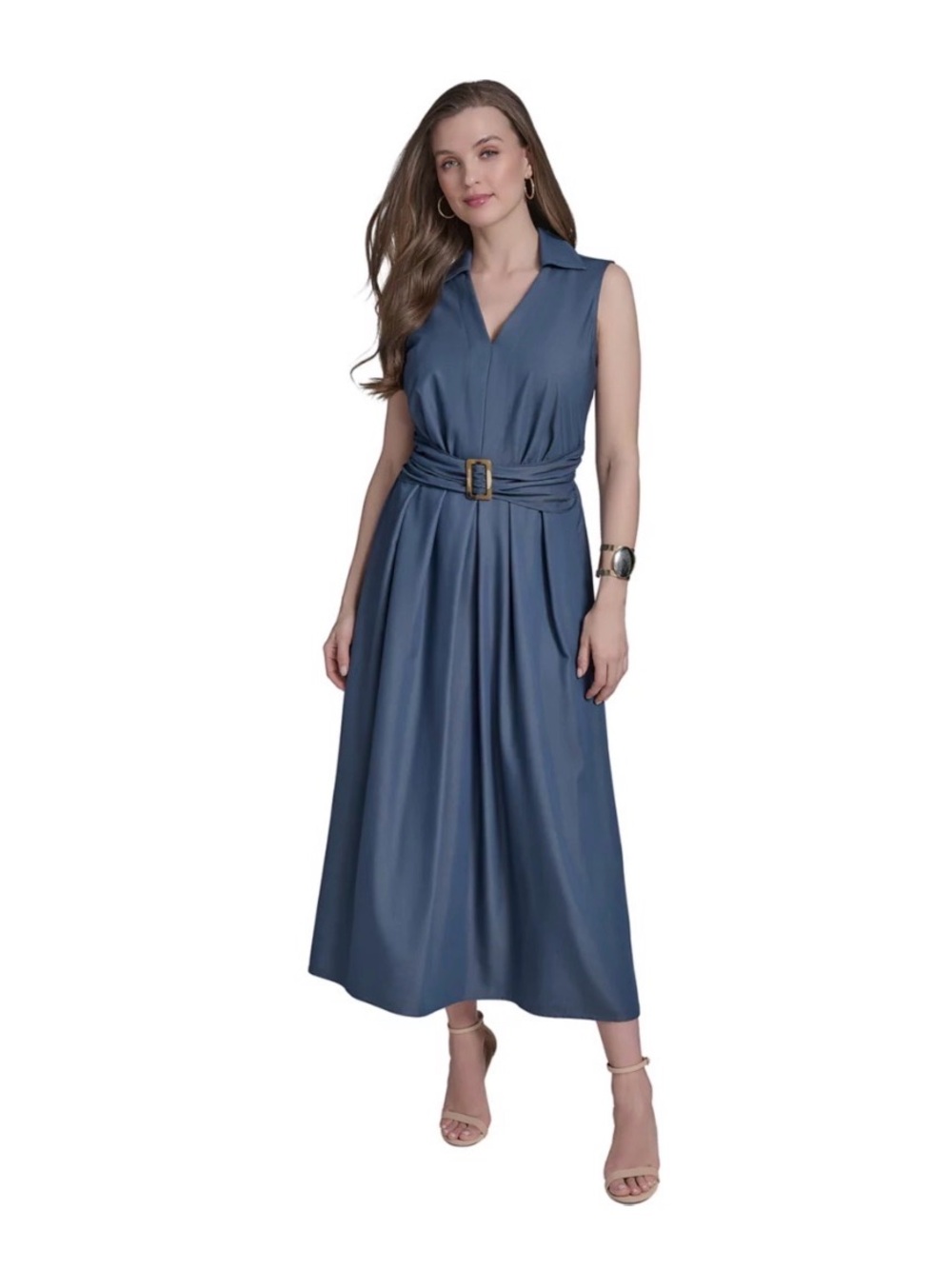 Halston Heritage Slate Blue Sleeveless V-Neck Belted Maxi Dress